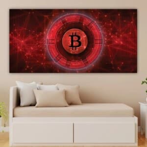 Röd bitcoin bild. God kvalitet, original, hängde på en vägg ovanför en soffa i ett vardagsrum