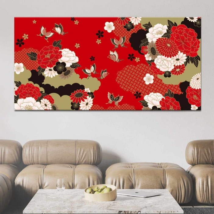 Målning Fjärilar och traditionella japanska blommor