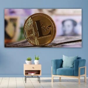 Vacker Litecoin-bild. Bra kvalitet, original, hänger på väggen ovanför soffan i ett vardagsrum.