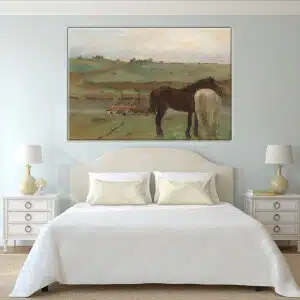Degas målning Hästarna. Original av god kvalitet, hängde på en vägg ovanför en säng i ett hus