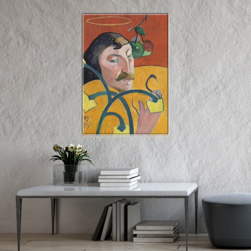 Målning Gauguin Självporträtt med Nimbus. God kvalitet, original, hängde på en vägg ovanför ett bord i ett vardagsrum