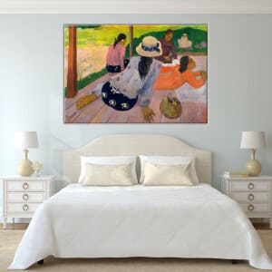 Gauguins målning Siesta. Original av god kvalitet, hängde på en vägg ovanför en säng i ett hus
