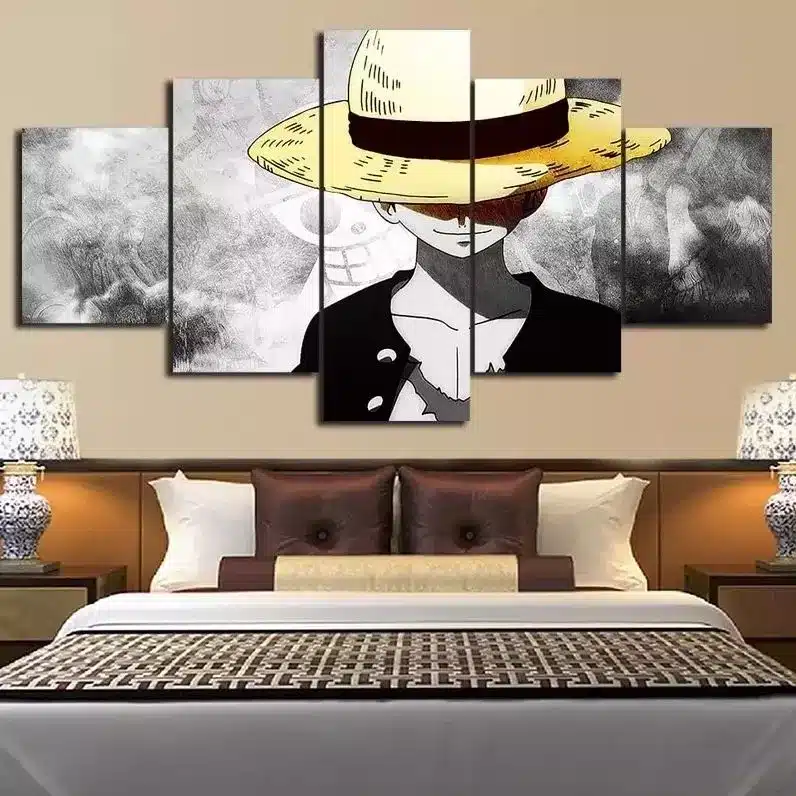 Luffy bild. God kvalitet, original, hängde på en vägg ovanför en säng i ett hus