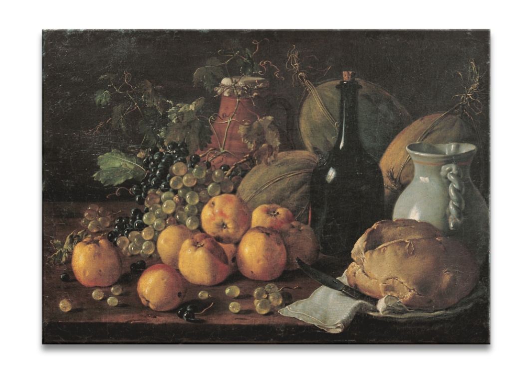 Still life painting still life med äpplen, druvor, meloner, bröd, kanna och flaska Still life painting storlek: XXS|XS|S|M|L|XL|XXL