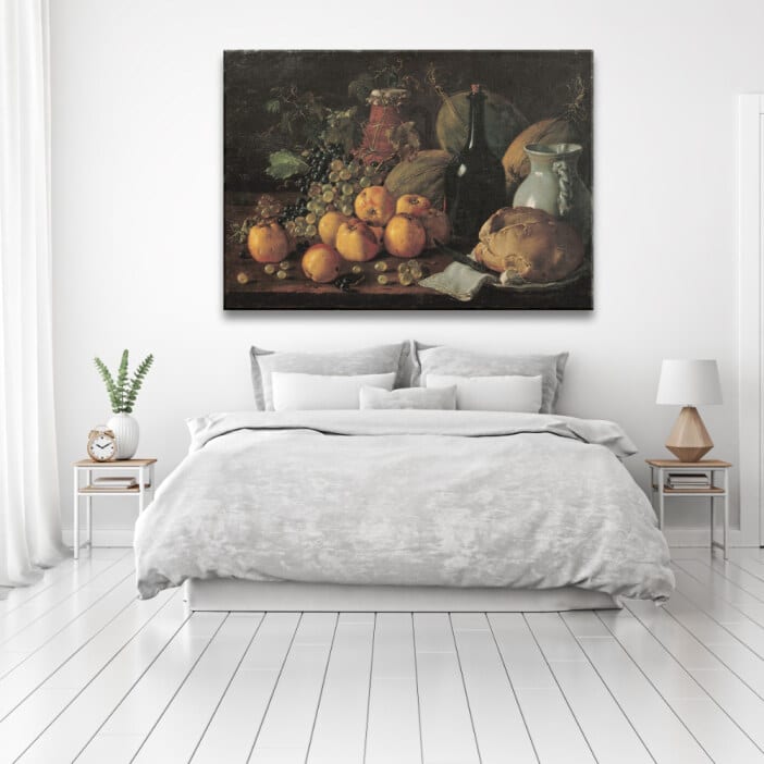 Still life painting still life med äpplen, druvor, meloner, bröd, kanna och flaska Still life painting storlek: XXS|XS|S|M|L|XL|XXL