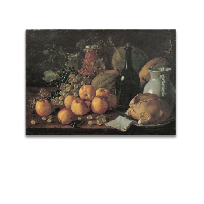 Still life painting still life med äpplen, druvor, meloner, bröd, kanna och flaska Still life painting storlek: XXS|XS|S|M|L|XL|XXL