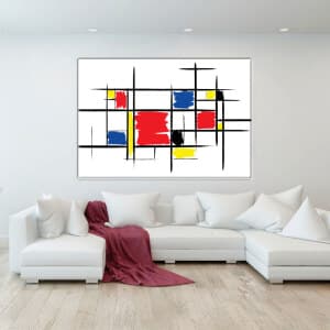 Mondrian målar Composition Désinvolte. God kvalitet, original, hängde på en vägg ovanför en soffa i ett vardagsrum
