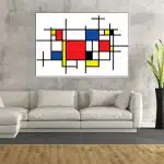 Mondrian målning Composition Large. God kvalitet, original, hängde på en vägg ovanför en soffa i ett vardagsrum