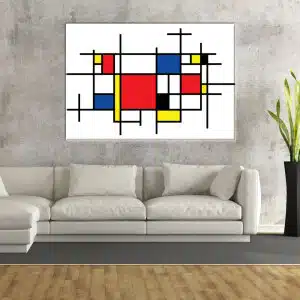 Mondrian målning Composition Large. God kvalitet, original, hängde på en vägg ovanför en soffa i ett vardagsrum