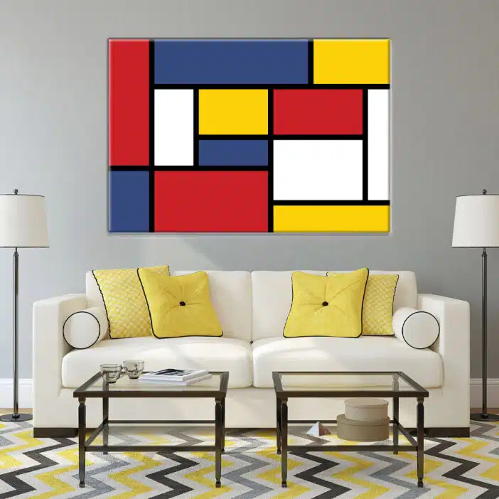 Mondrianmålning Röd komposition. God kvalitet, original, hängde på en vägg ovanför en soffa i ett vardagsrum