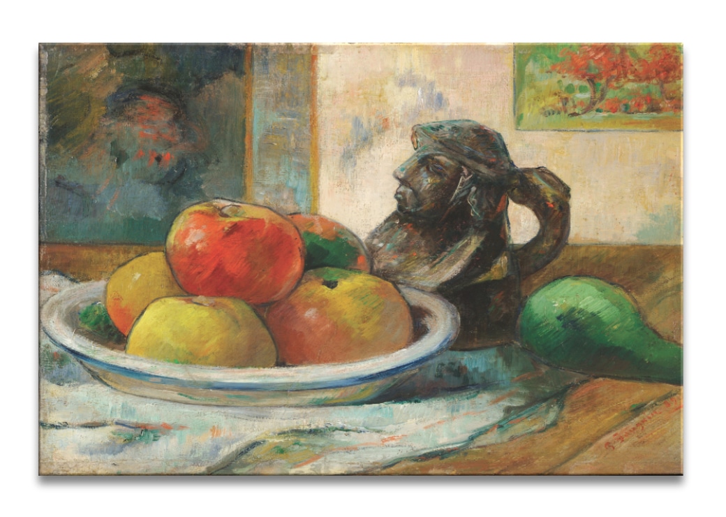 Stillevnadsmålning med äpplen, päron och en porträttkanna i keramik Stillevnadsmålning storlek: XXS|XS|S|M|L|XL|XXL