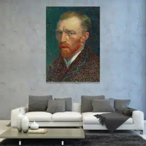 Målning Självporträtt Van Gogh. God kvalitet, original, hänger på en vägg ovanför en soffa i ett vardagsrum