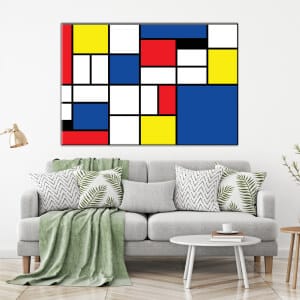 Mondrian Blue Sammansättning. God kvalitet, original, hängde på en vägg ovanför en soffa i ett vardagsrum