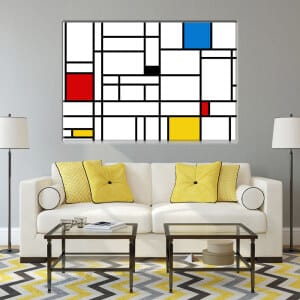 Geometrisk Mondrian-målning. God kvalitet, original, hängde på en vägg ovanför en soffa i ett vardagsrum
