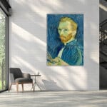 Måla Van Goghs självporträtt med palett. God kvalitet, original, hängde på en vägg ovanför en soffa i ett vardagsrum