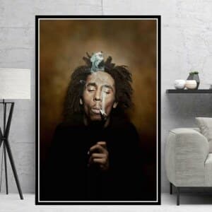 Föreställ dig Bob Marley som röker cannabis. God kvalitet, original, hängde på en vägg bredvid en soffa i ett vardagsrum
