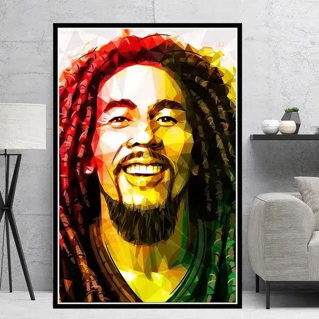 Bob Marley självporträtt. God kvalitet, original, hängde på en vägg bredvid en soffa i ett vardagsrum