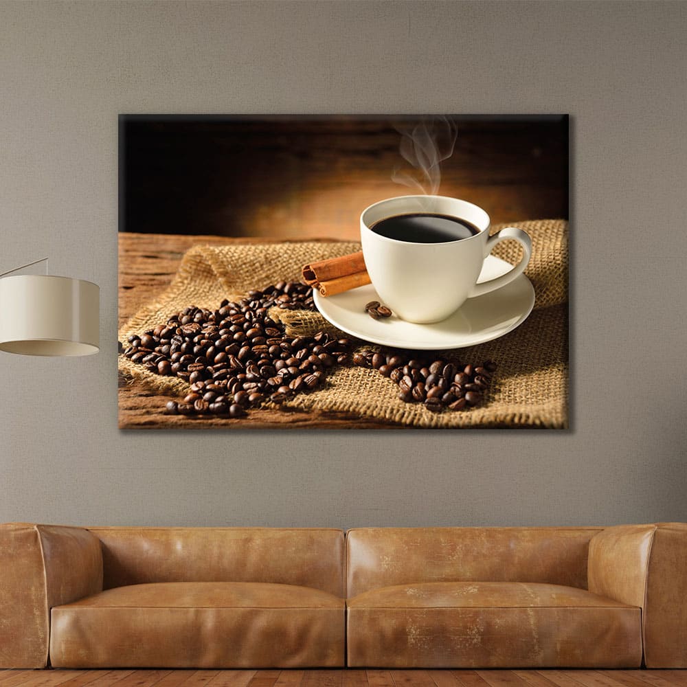 Kaffepaus på bordet kaffebönor på säckväv Bord Kök Originalmålningar format: Horisontell