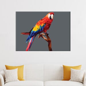 Målning av en mycket färgglad papegoja med en geometrisk konstverkskonst avbildad i färgspraktik