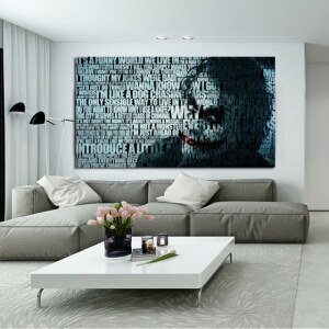 Kriminell Joker-målning. God kvalitet, original, hängde på en vägg ovanför en soffa i ett vardagsrum