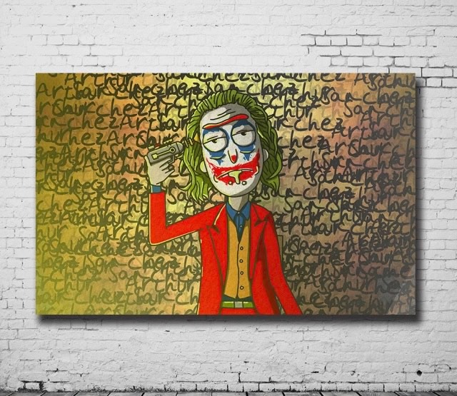 Joker målar med pistol. God kvalitet, original, hänger på en vägg i ett vardagsrum