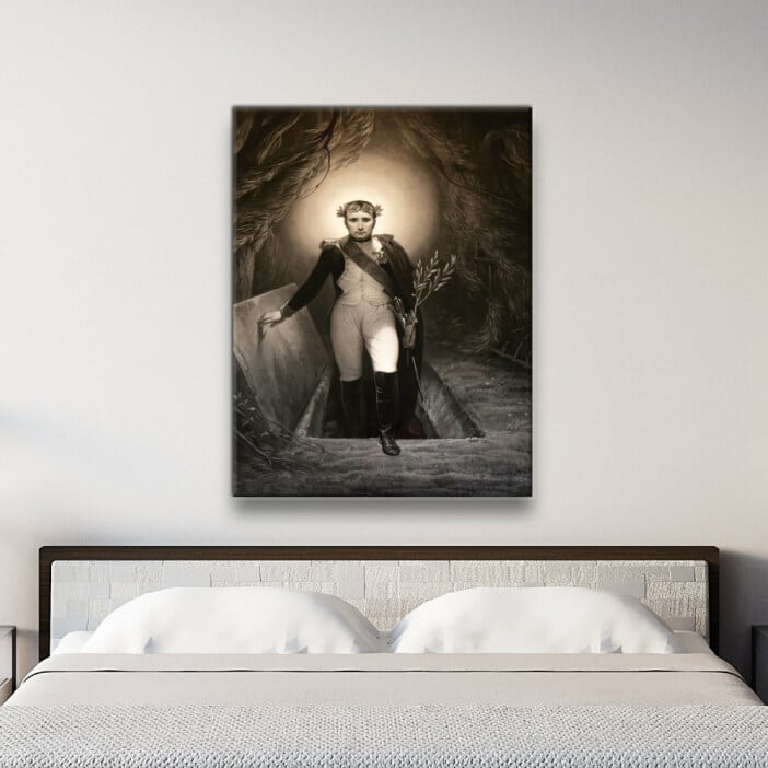 Målning av Napoleon som stiger upp ur graven. God kvalitet, original, hängde på en vägg ovanför en säng i ett hus
