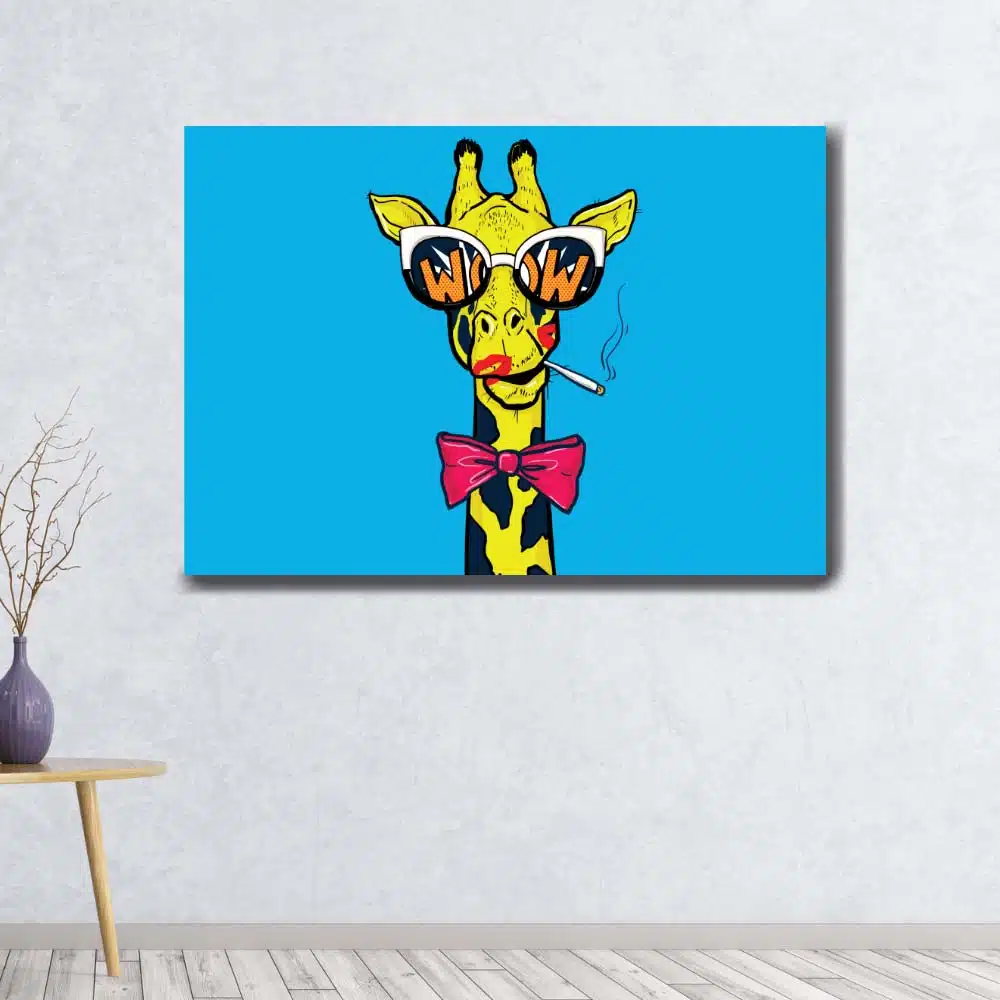 Modern pop art giraffmålning. God kvalitet, original, hänger på en vägg i ett vardagsrum