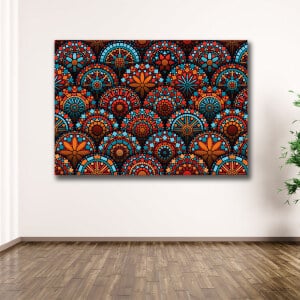 Den här målningen är en mosaik av färgade mandalas