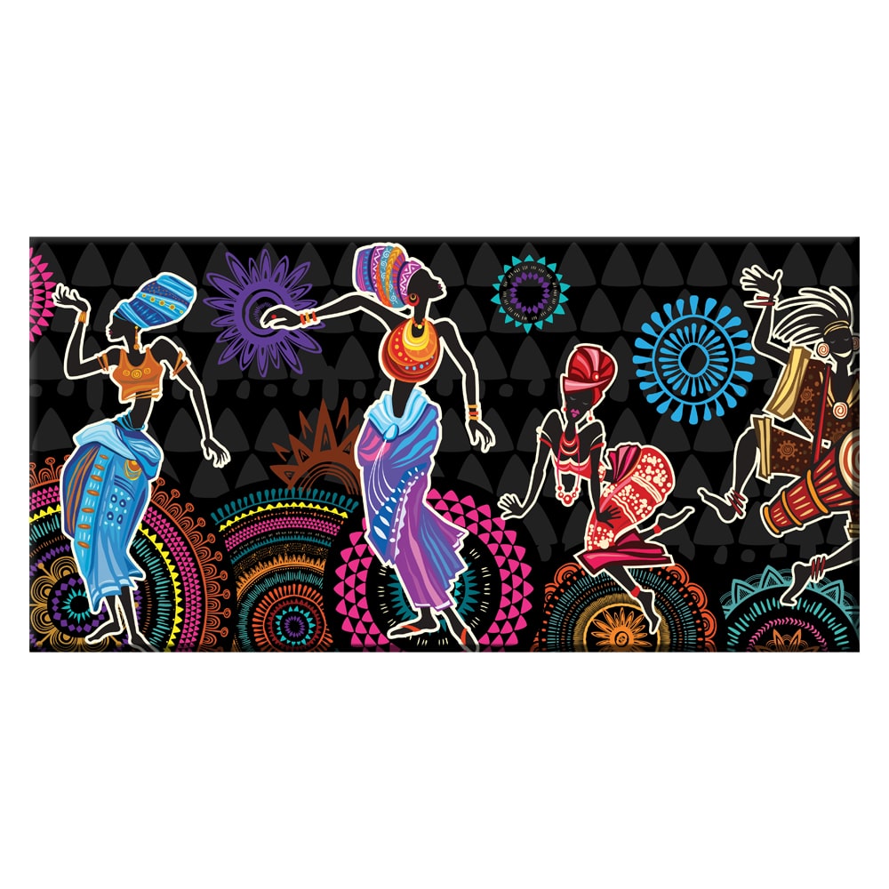 Målning föreställande afrikanska kvinnor som dansar på en bakgrund med afrikanska motiv