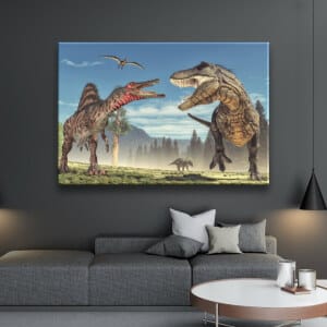 Bild dinosaurie t-rex med spinosaurus. God kvalitet, original, hängde på väggen ovanför soffan i ett vardagsrum