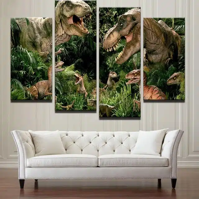 Dinosaurie t-rex bild. Original av god kvalitet som hänger på en vägg ovanför en soffa