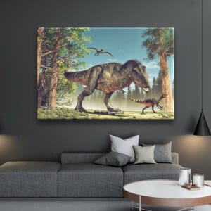 Målning av dinosaurier som springer iväg i skogen. God kvalitet, original, hängde på en vägg ovanför en soffa i ett vardagsrum