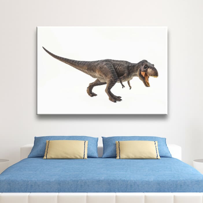 Bild på en köttätande dinosaurie. God kvalitet, original, hängde på en vägg ovanför en säng i ett hus
