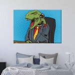 T-Rex business man pop art. God kvalitet, original, hänger på väggen ovanför en säng i ett hus