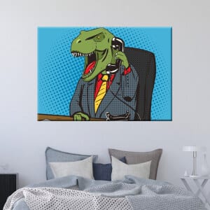 T-Rex business man pop art. God kvalitet, original, hänger på väggen ovanför en säng i ett hus