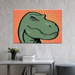 T-Rex tecknad pop art-bild. God kvalitet, original, hängde på en vägg ovanför ett bord i ett vardagsrum