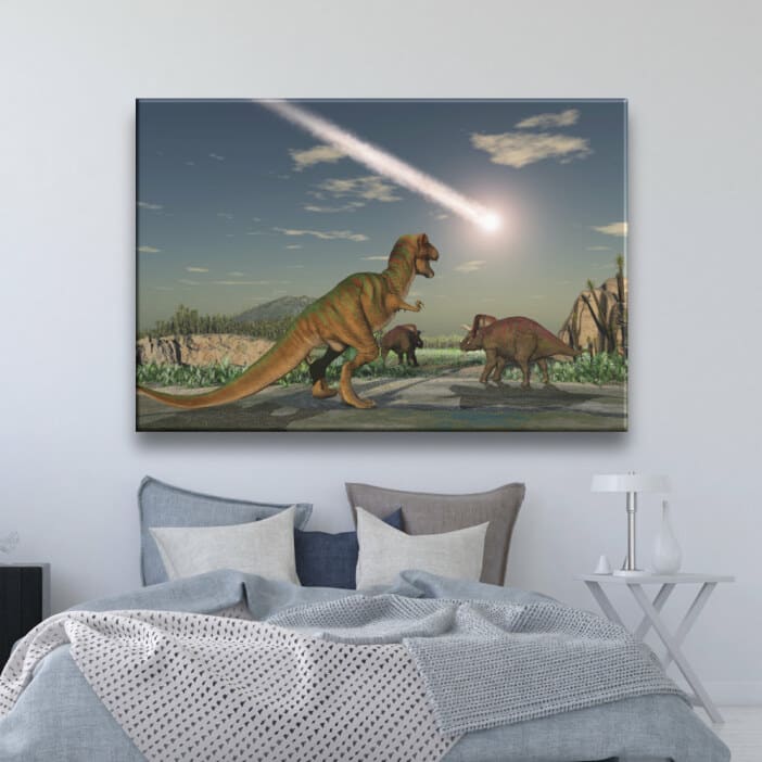 Bild på dinosauriernas utdöende. Bra kvalitet, bekväm hängning på väggen ovanför en säng i ett hus