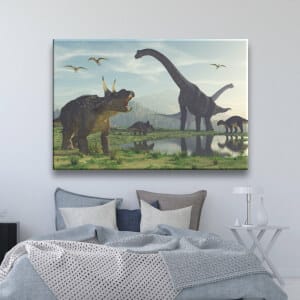 Dinosauriebild i vardagen. God kvalitet, original, hängde på en vägg ovanför en säng i ett hus