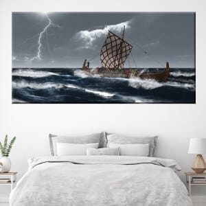Målning av vikingar i en storm till havs. God kvalitet, original, hängde på en vägg ovanför en säng i ett hus