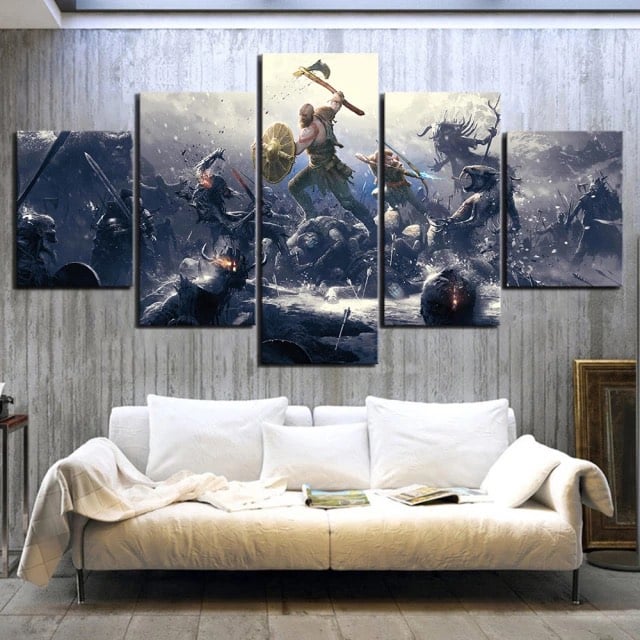 Skandinavisk målning av vikingarnas strid. God kvalitet, original, hängde på en vägg ovanför en soffa i ett hus