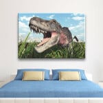 Skrämmande bild på en dinosaurie t-rex. God kvalitet, original, hängde på en vägg ovanför en säng i ett hus