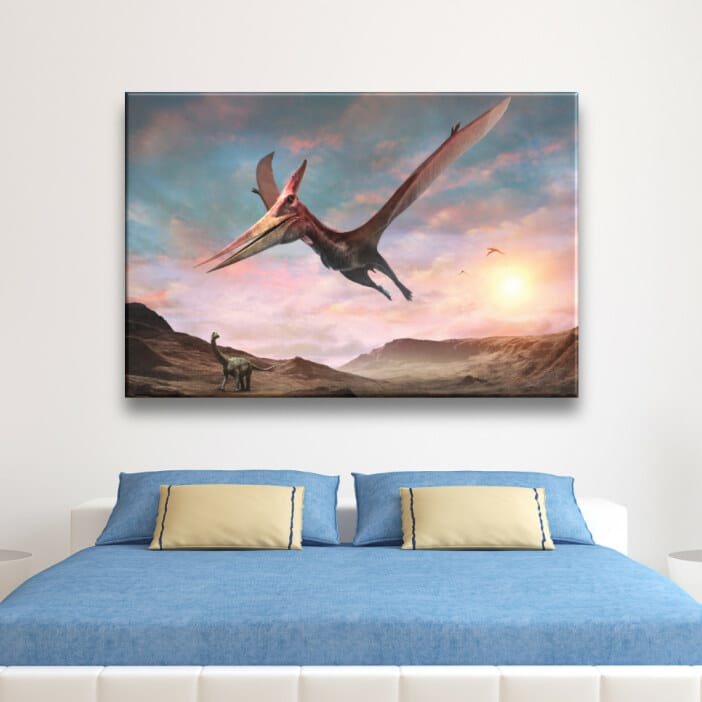 Pterodactyl dinosaurie bild. God kvalitet, original, hängde på en vägg ovanför en säng i ett hus