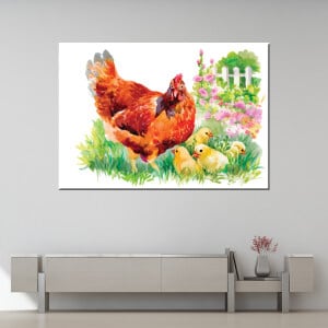 Målning av höns och kycklingar. God kvalitet, original, hängde på en vägg ovanför ett bord i ett hus