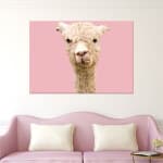 Alpackamålning på rosa bakgrund. God kvalitet, original, hängde på en vägg ovanför en soffa i ett vardagsrum
