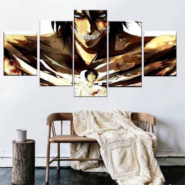 Attack of the titans evolution Titan Assailant målning. God kvalitet, original, hängde på väggen ovanför en soffa i ett hus