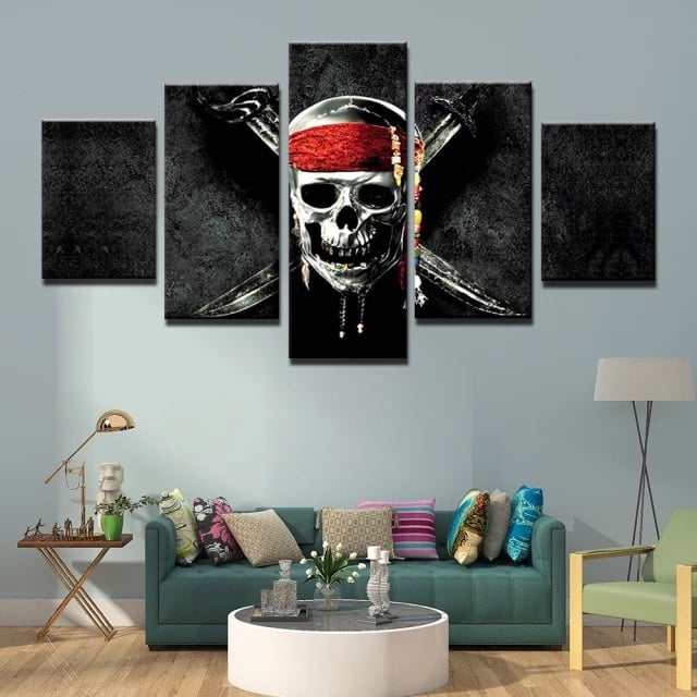 Piratskalle målning från Karibien. God kvalitet, original, hängde på en vägg ovanför en soffa i ett hus