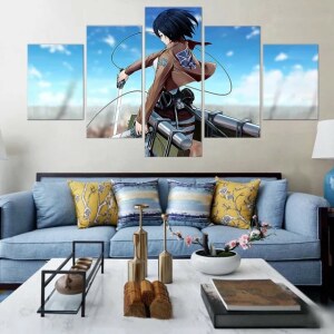 Mikasa attack of the titans bild med svärd. God kvalitet, original, hänger på en vägg ovanför en soffa i ett hus,