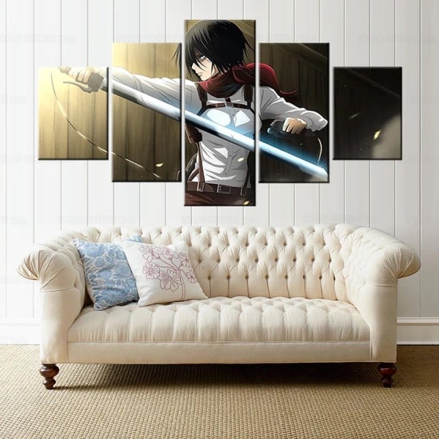 Mikasa attack of the titans målning i överraskningsattack. God kvalitet, original, hängde på en vägg ovanför en soffa i ett vardagsrum