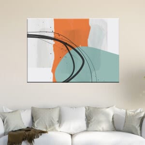 Skandinavisk orange och blå bild. God kvalitet, original, hängde på väggen ovanför soffan i ett vardagsrum