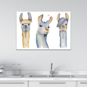 Målar 3 lamor i akvarell. Original av god kvalitet, hängde på en vägg ovanför en köksbänk